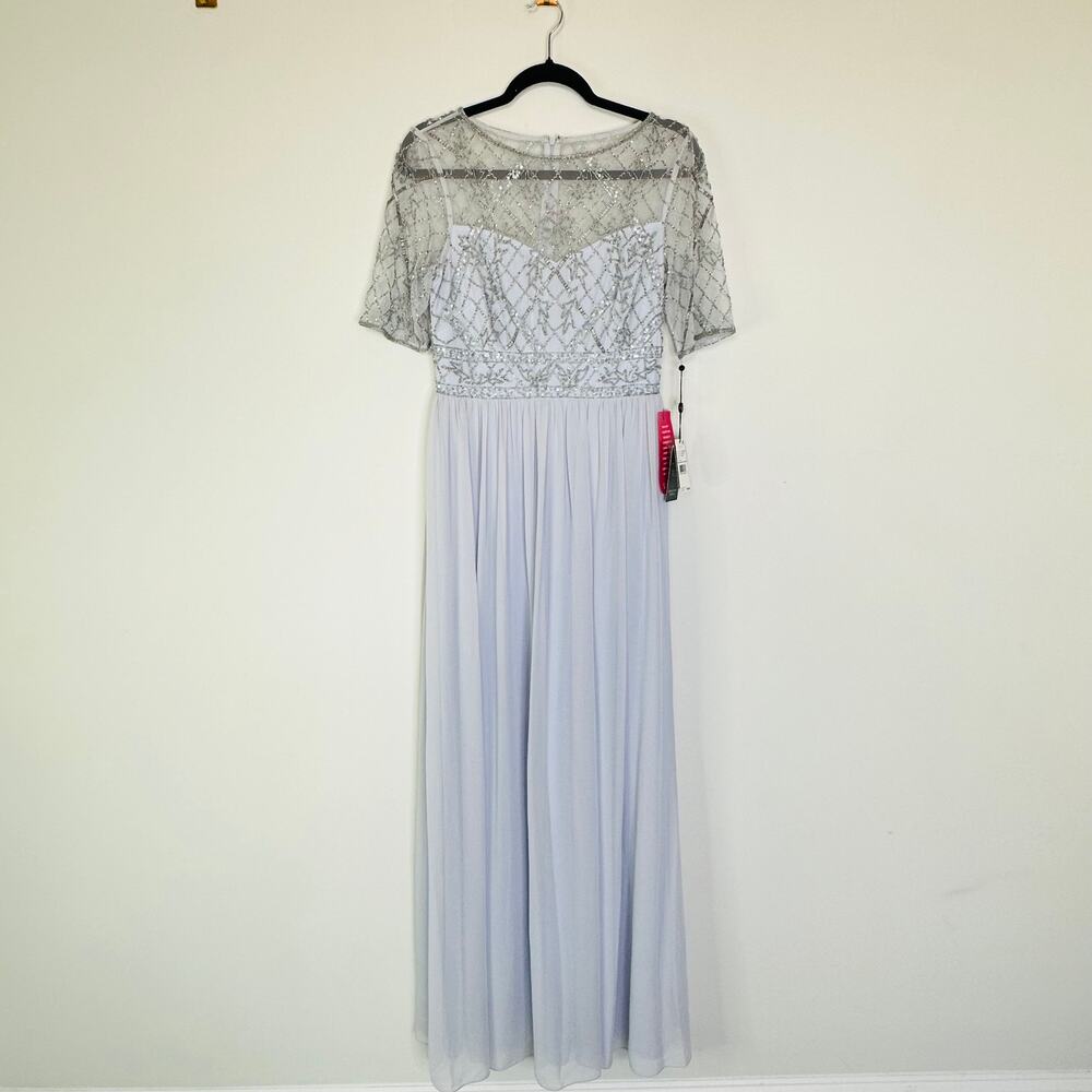 NEW Adrianna Papell Beaded Mesh Chiffon Maxi Gown Color Sernenity Size 4 Formal - Picture 2 of 10